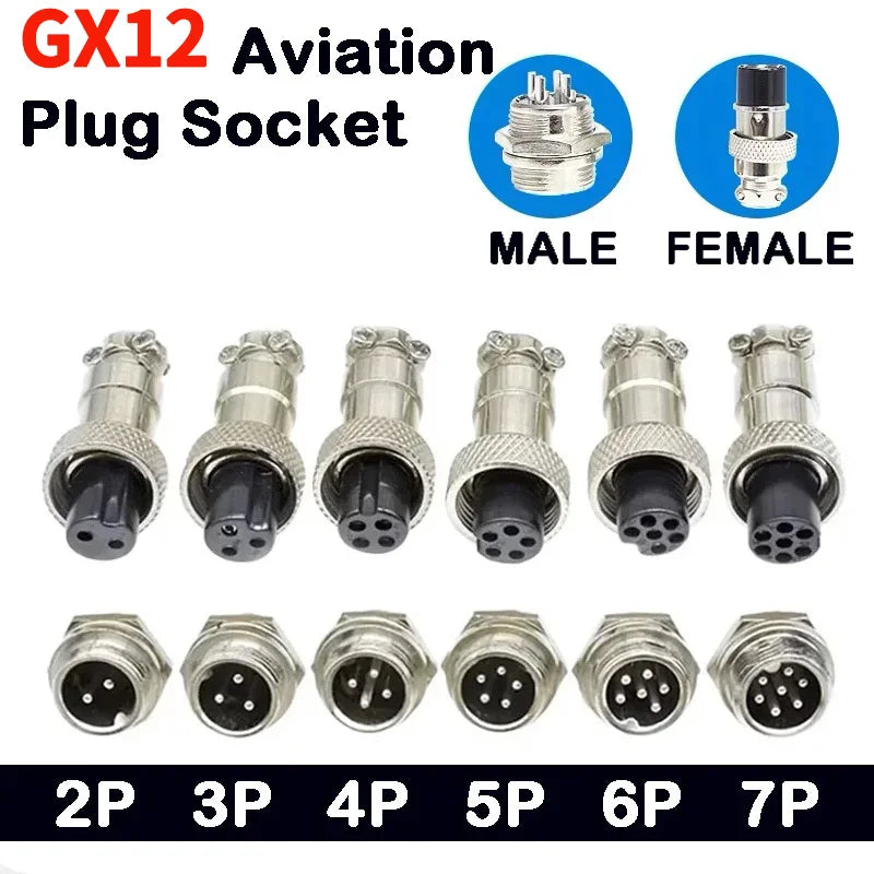 5Pcs GX12 Aviation Connector Plug Socket 2/3/4/5/6/7 Pin Male Female Panel Mount 12mm Circular Metal Wire Adapter Nut Type