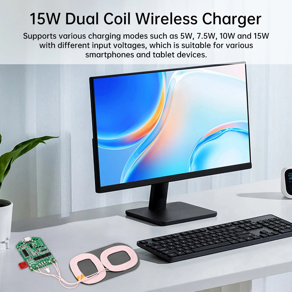15W dual coil wireless charging module wireless charger PCBA multi-purpose home car equipment wireless charging Type-C interface