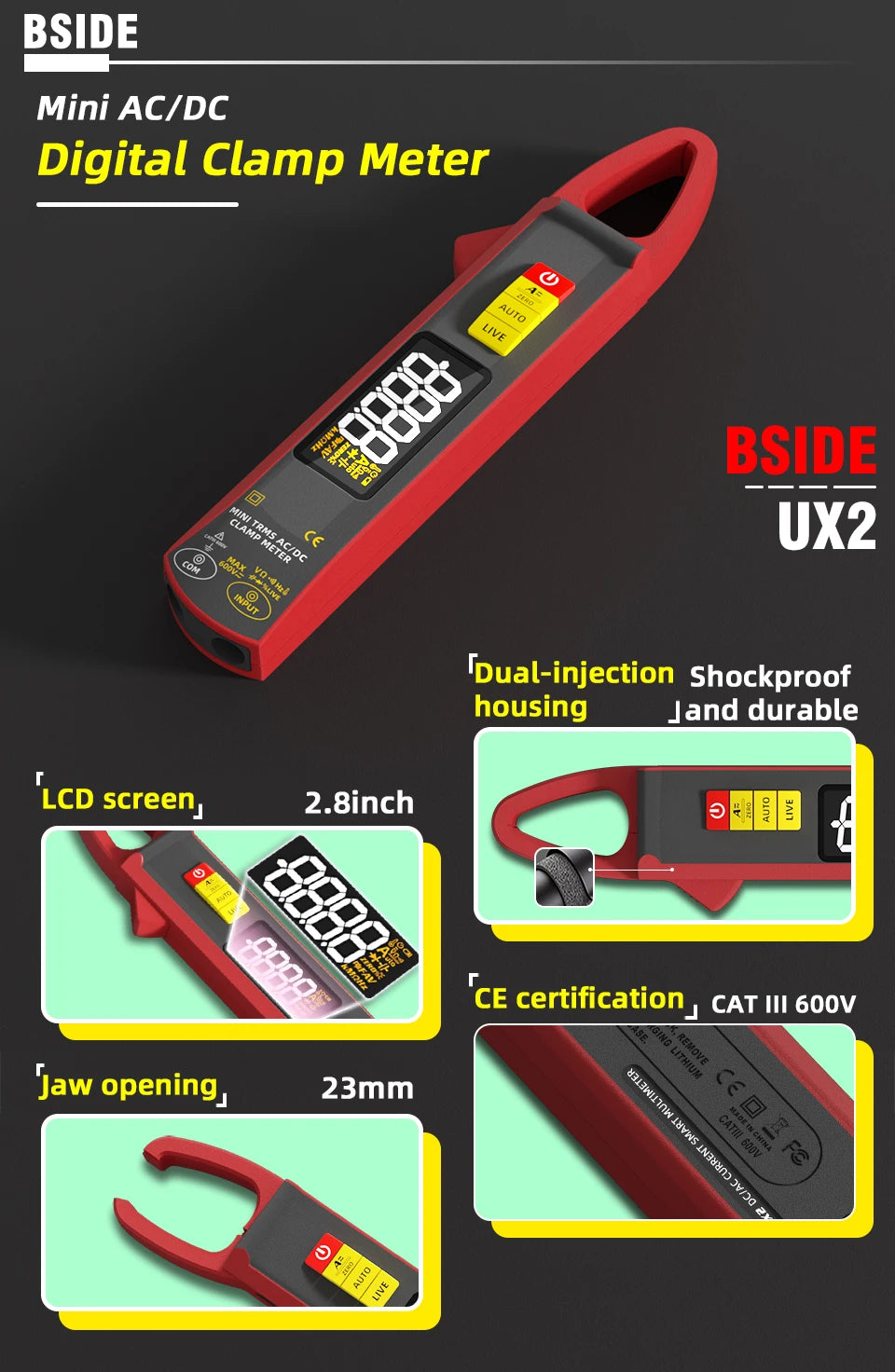 NEW UX2 Digital Clamp Meter 200A Auto-ranging Non-contact Current Voltage Frequency Temperature Voltmeter Multimeter
