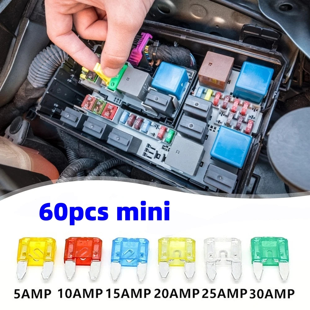 60pcs Mini Car Fuse Combo Kit Mini Multicolor Multi-Function Auto Blade Fuse Replacement Kit For Car/RV/Truck/Motorcycle/Boat
