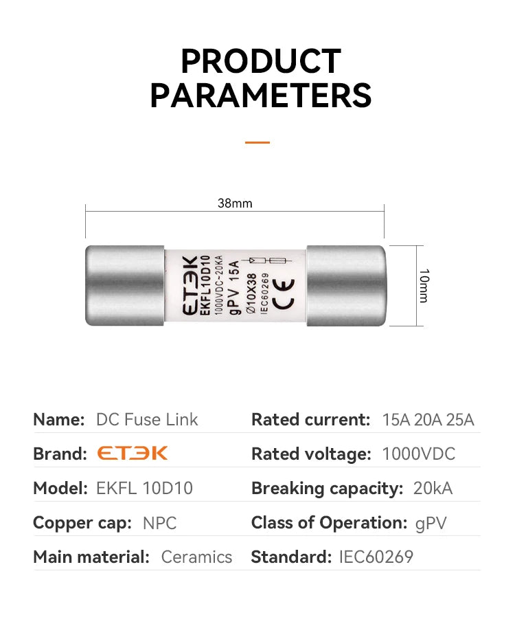 ETEK Solar DC 1000V PV Fuses 15A 20A 25A Ceramic GPV Fuse  10x38mm for Solar System Protection EKFL-10D