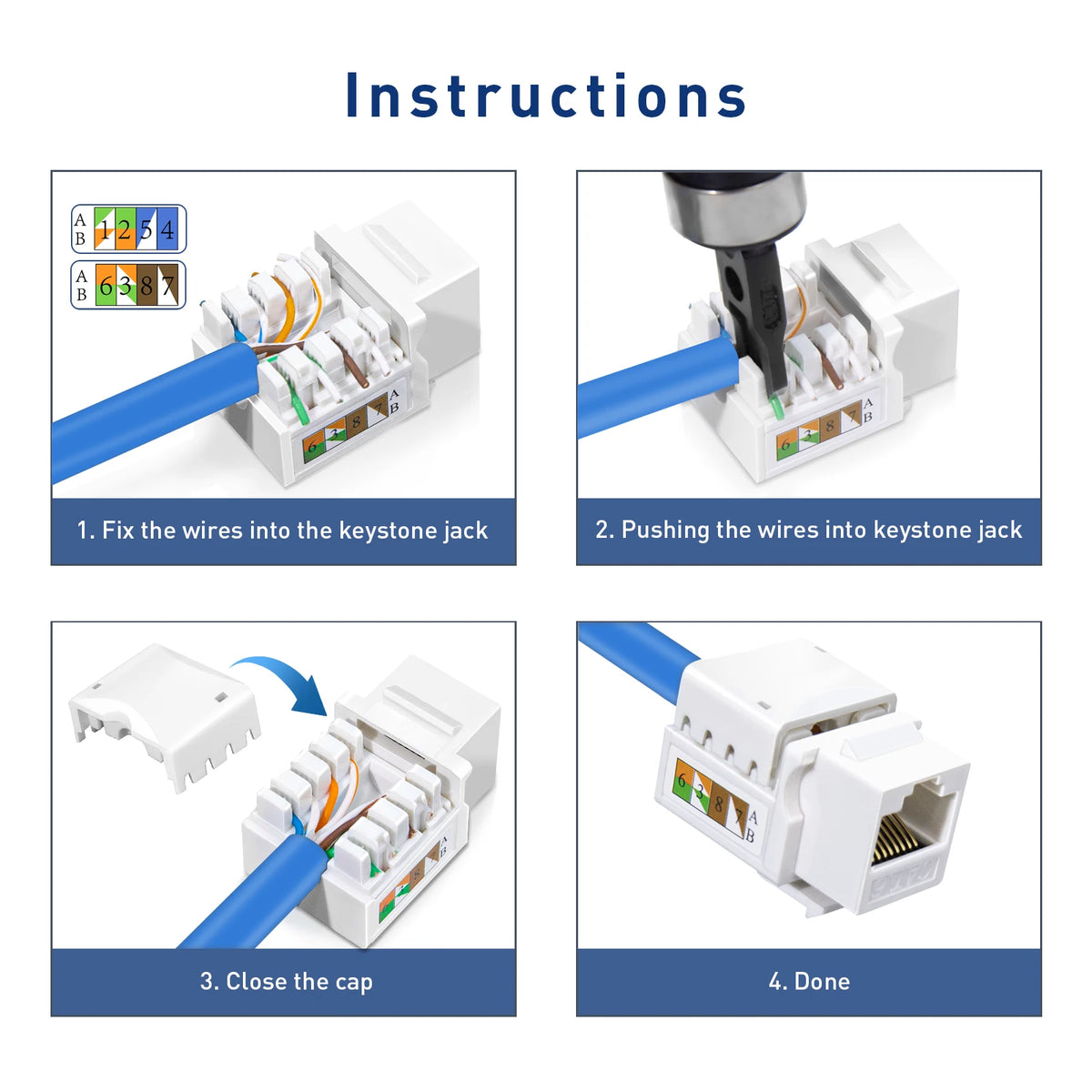 ZoeRax CAT6 CAT5E RJ45 Keystone Jack Gigabit Network Module 22-26AWG Tool-Free Keystone Insert for Wall Panel Router Switch
