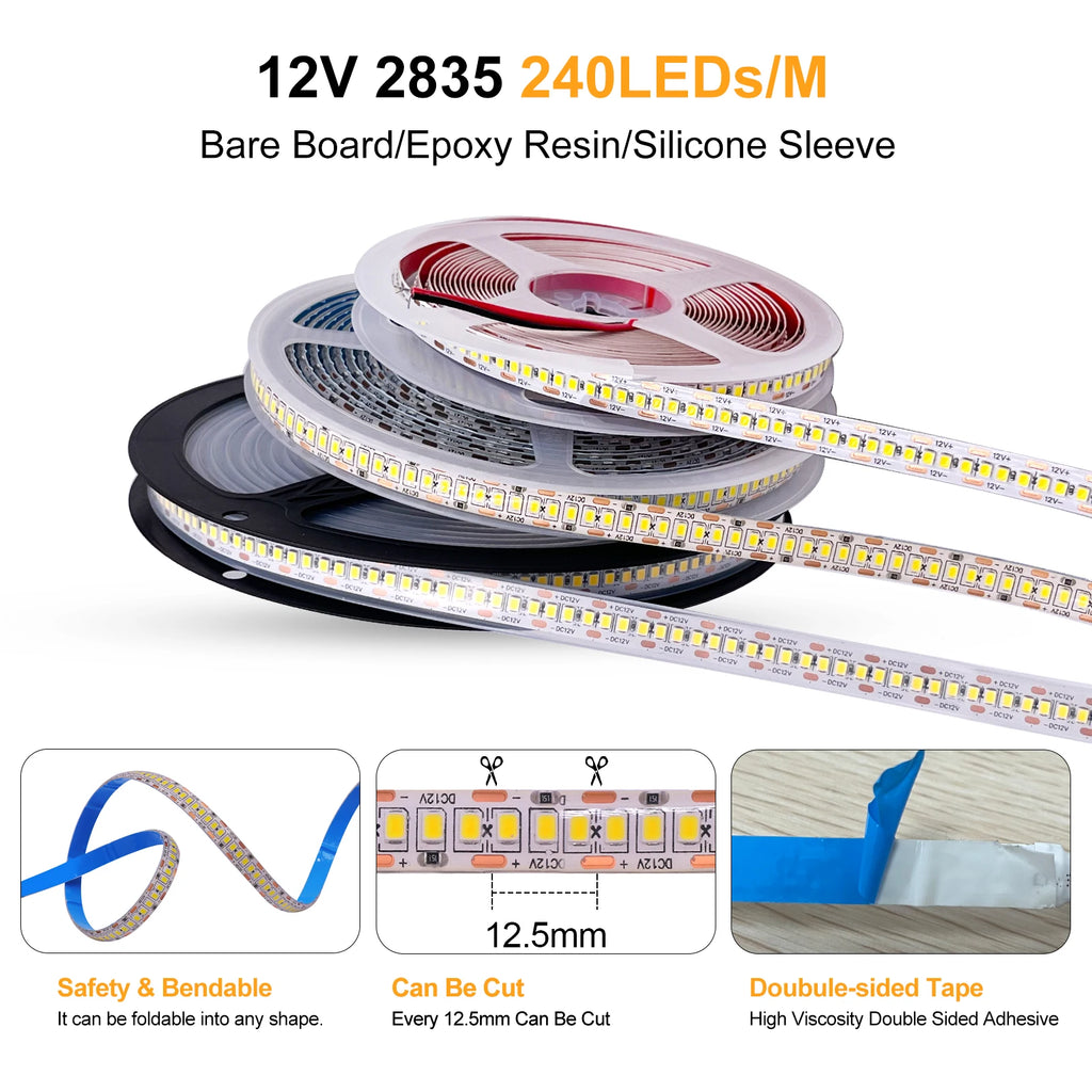 DC 12V 24V SMD 2835 240Leds/M LED Strip Waterproof IP65 IP21 Warm/Natural White Home Decor Flexible Ribbon Tape Light