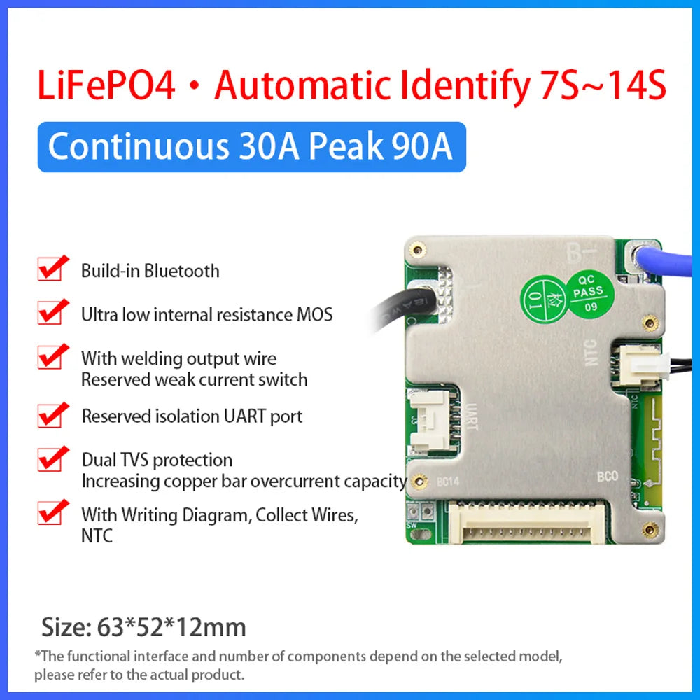 Small Type 3.2V LiFePO4 3.7V Li-ion 20A 30A 40A 50A Electric Bike Smart BMS 7S-14S 24V 36V 48V with UART BT