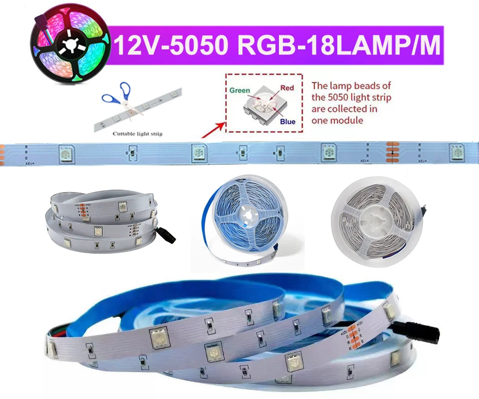 30M 12V WiFi Bluetooth RGB LED Strip Lights 5050 with Ac100-240V Adapter APP Control Music Sync Remote for Bedroom Kitchen Party