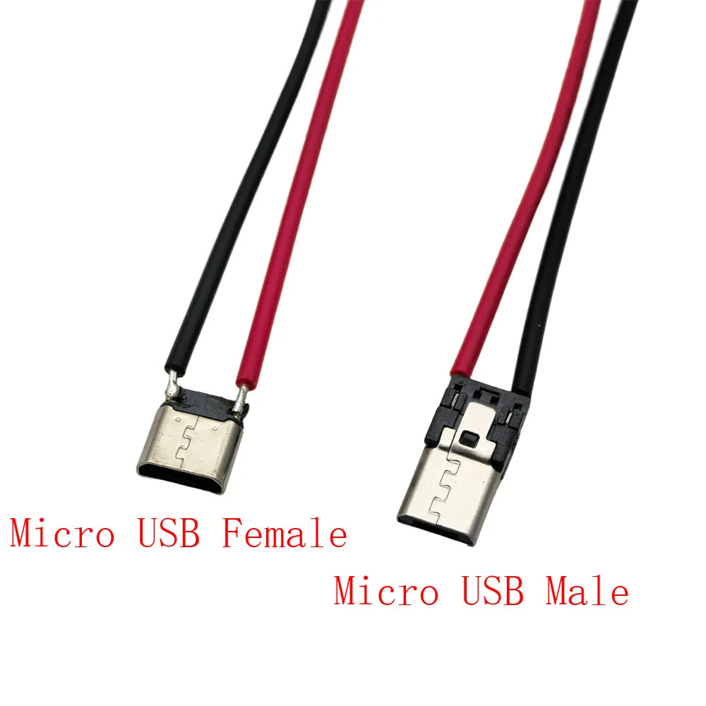 2 Pin Micro USB Male Female Jack Type C USB Plug Soldering Wire Connector Charging Port Interface Charging Socket DIY 10CM