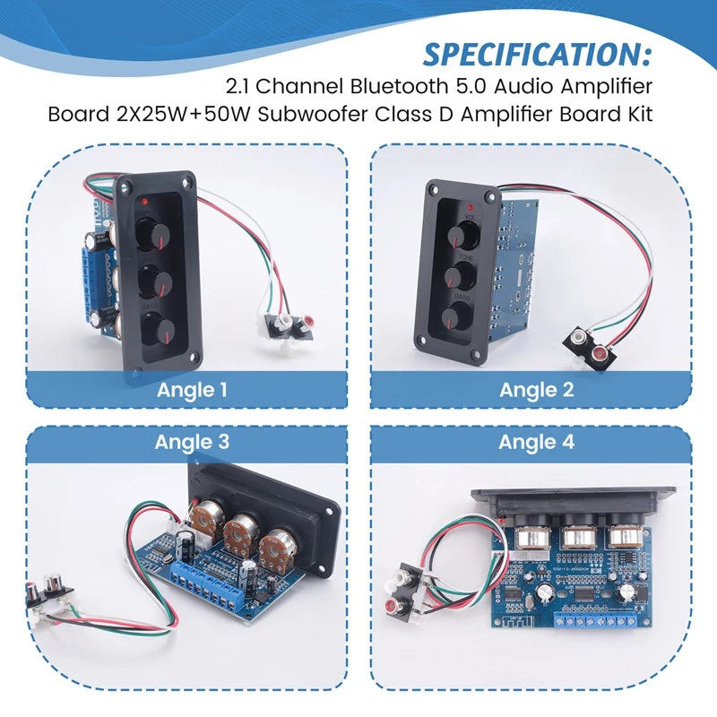 2.1 Channel Bluetooth 5.0 Audio Amplifier Board 2X25W+50W Subwoofer Class D Amplifier Board Kit with DC Female+AUX Cable-A22U