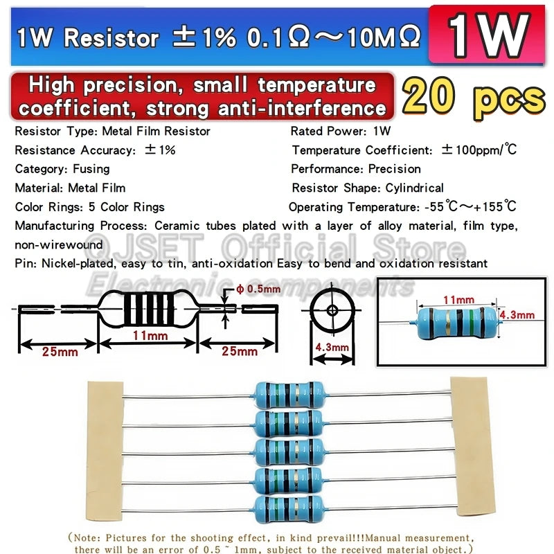 20pcs 1W Metal Film Resistors 1% 10 Ohm 47 100 200 220 470 510 Ohm 1K 4.7K 10K 22k 33k 47K 100k 200k 220k 510k 470k 910k 1M Ohms