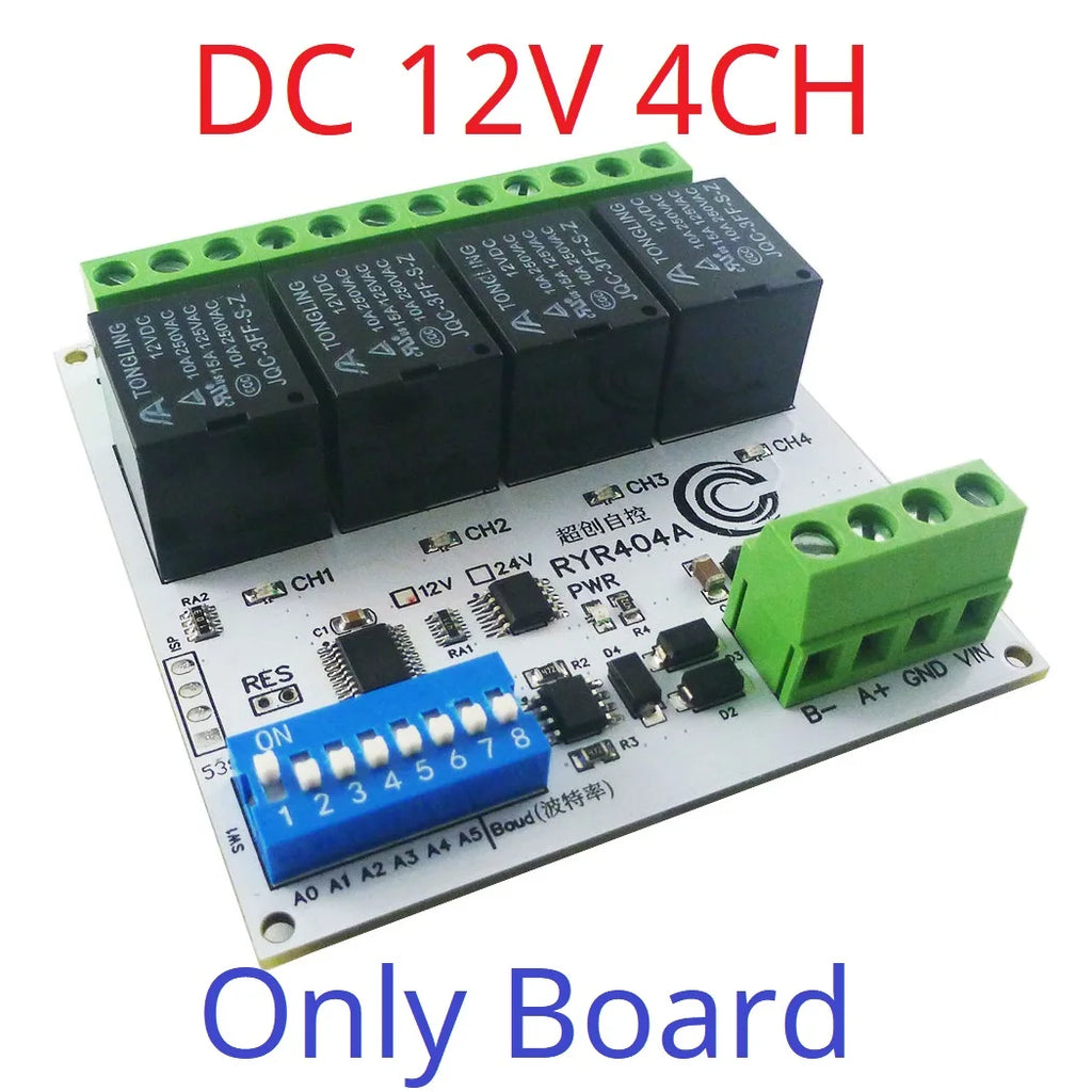 4-32CH 10A 20A DC 12V 24V RS485 Bus Relay Module DIP Setup Parameters Modbus RTU Serial Port UART Switch Board HMI PLC
