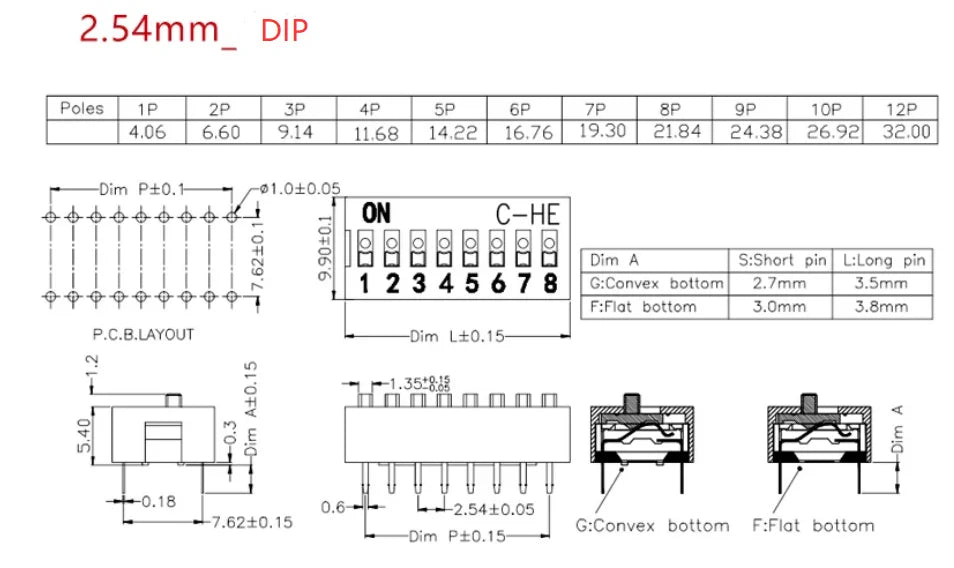 5Pcs Slide Type Switch Module 1 2 3 4 5 7 8 10PIN /1.27/2.54mm Position Way SMD/DIP Pitch Toggle Switch Snap Switch Dial Switch