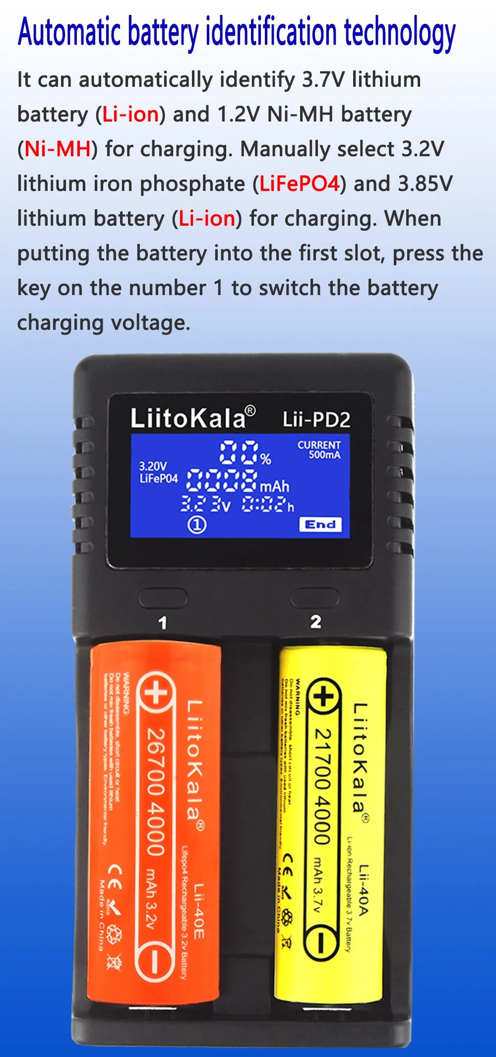 Liitokala Lii-PD4 Lii-PD2 18650 Battery Charger for 1.2V 3.7V NiMH 26650 21700 18350 18500 14500 AA AAA LiFePO4 Batteries