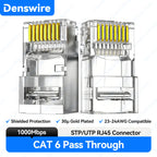 Denswire 100PCS CAT6A Cat6 Pass Through 8P8C RJ45 Modular Plug Network Connectors Unshielded/Shielded RJ45 Plug 30μ Gold-Plated
