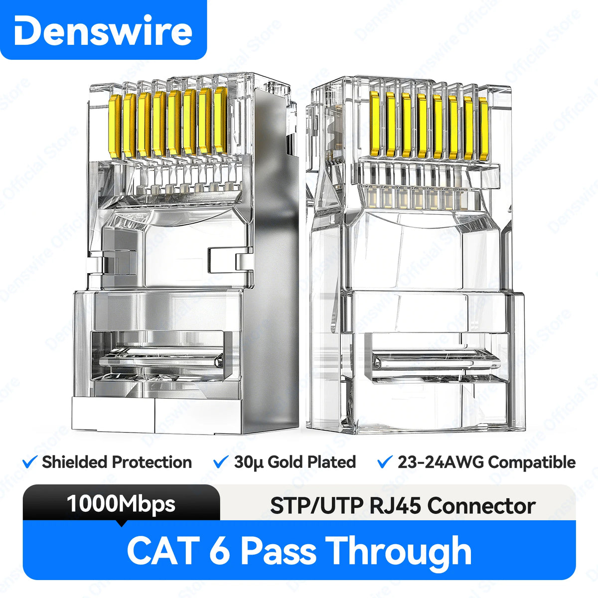 Denswire 100PCS CAT6A Cat6 Pass Through 8P8C RJ45 Modular Plug Network Connectors Unshielded/Shielded RJ45 Plug 30μ Gold-Plated