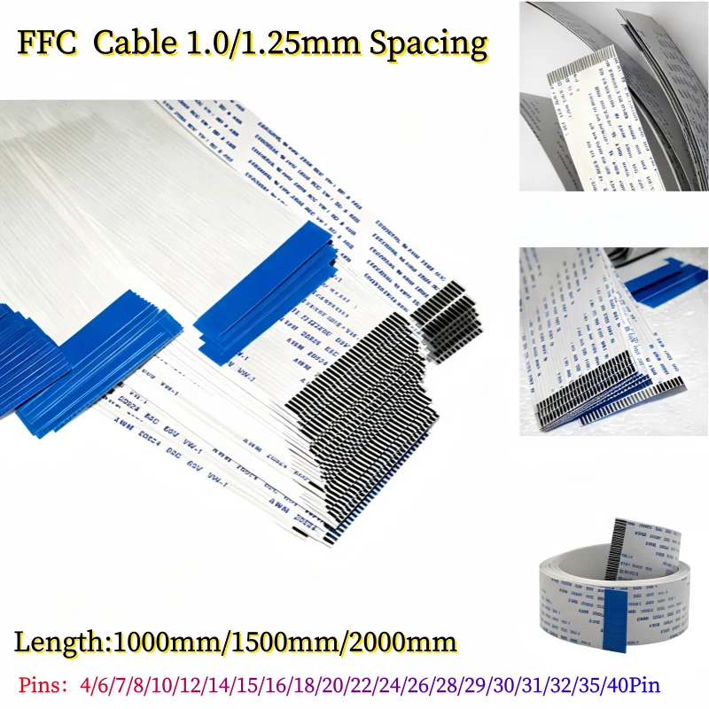 2PCS FFC/FPC extended flexible cable 1.0/1.25mm spacing,1000mm/1500mm/2000mm Length 4/6/7/8/10/12/14/15/16/18/20/31/32/35/40Pin