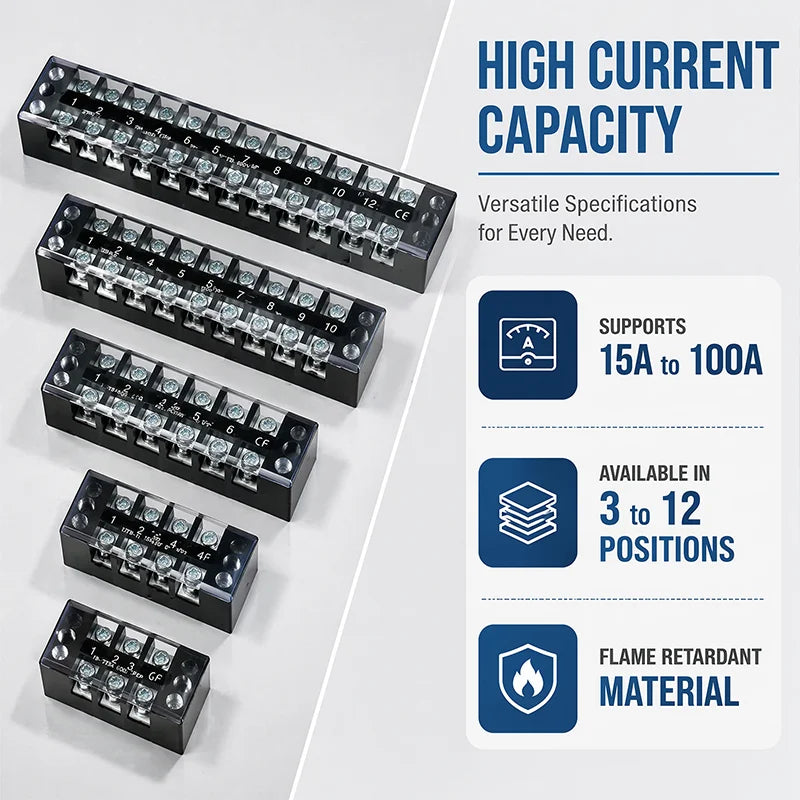 TB1503 TB2503 TB4512 Screw Terminal Block Barrier Strip 15A 25A 45A Wire Connector with Flame Retardant PC Cover for DIN Rail
