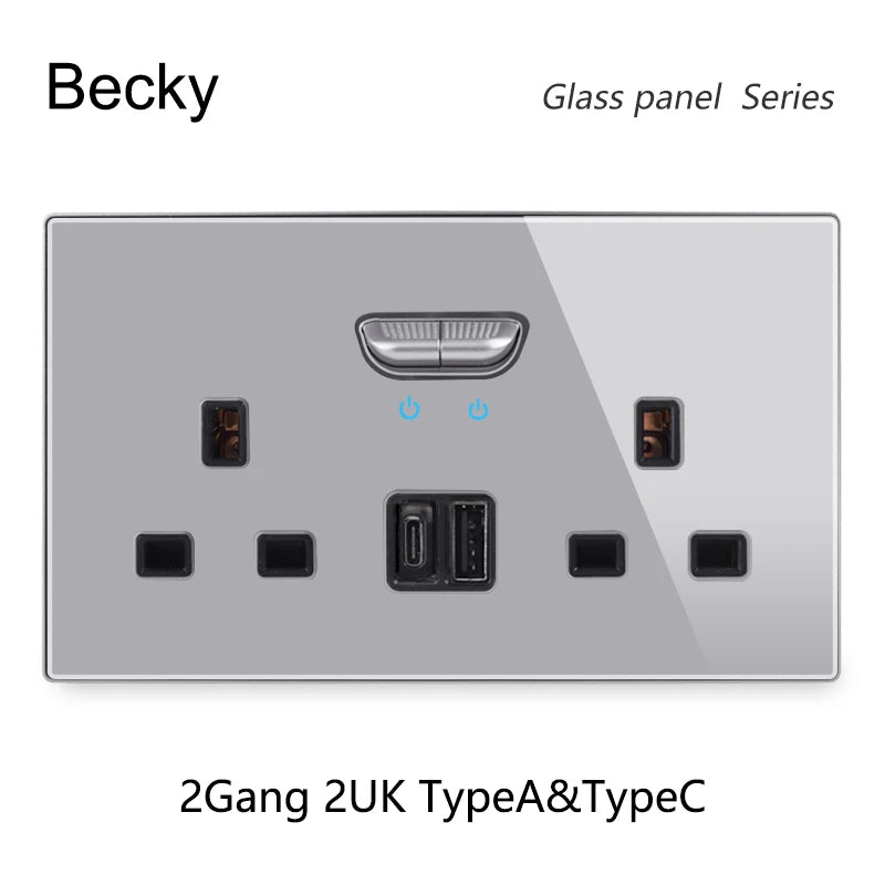 146 13a Reset Toggle Tempered Glass 2Gang UK Socket Switch Combination Panel Power Socket Office Hotel Home Villa Decoration