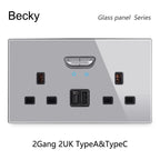 146 13a Reset Toggle Tempered Glass 2Gang UK Socket Switch Combination Panel Power Socket Office Hotel Home Villa Decoration