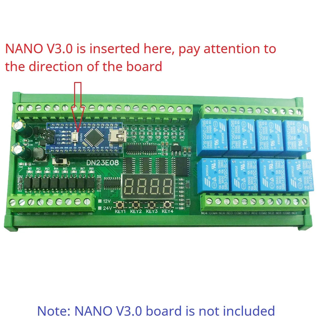 Arduino NANO V3.0 IO Board DC12V/24V RS485 8CH Relay 4-20mA 0-10V Analog Input Opto Isolated Simple PLC Timer Module