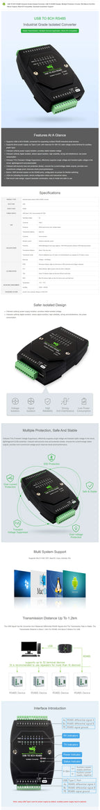 Waveshare USB TO 8CH RS485 Industrial Grade Isolated Converter, USB To RS485 Adapter, Multiple Protection Circuits, Wall-mount