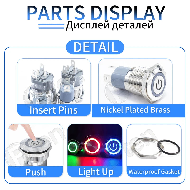 15A 16/19/22/25mm Waterproof Metal Push Button Switch LED Light Momentary Latching Car Engine Power Switch 3~220V silver1NO