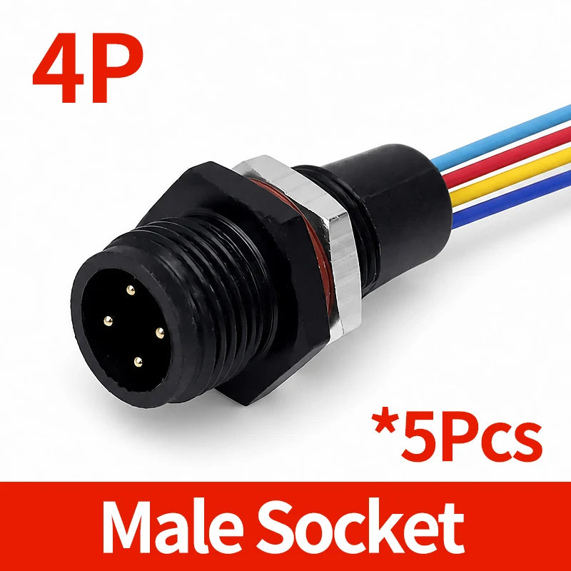 5PCS M12 IP65 Waterproof Aviation Connector 2 3 4 5 6 8 Pin Metal Panel Mount Male Plug Socket Pigtail Cable for Industrial Use