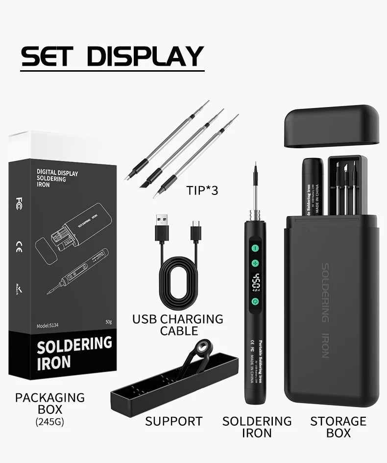 JCD Wireless Soldering Iron Portable 180-450 °C Adjustable Temperature built-in battery with 3Tip Soldering Tool Kit USB-5134