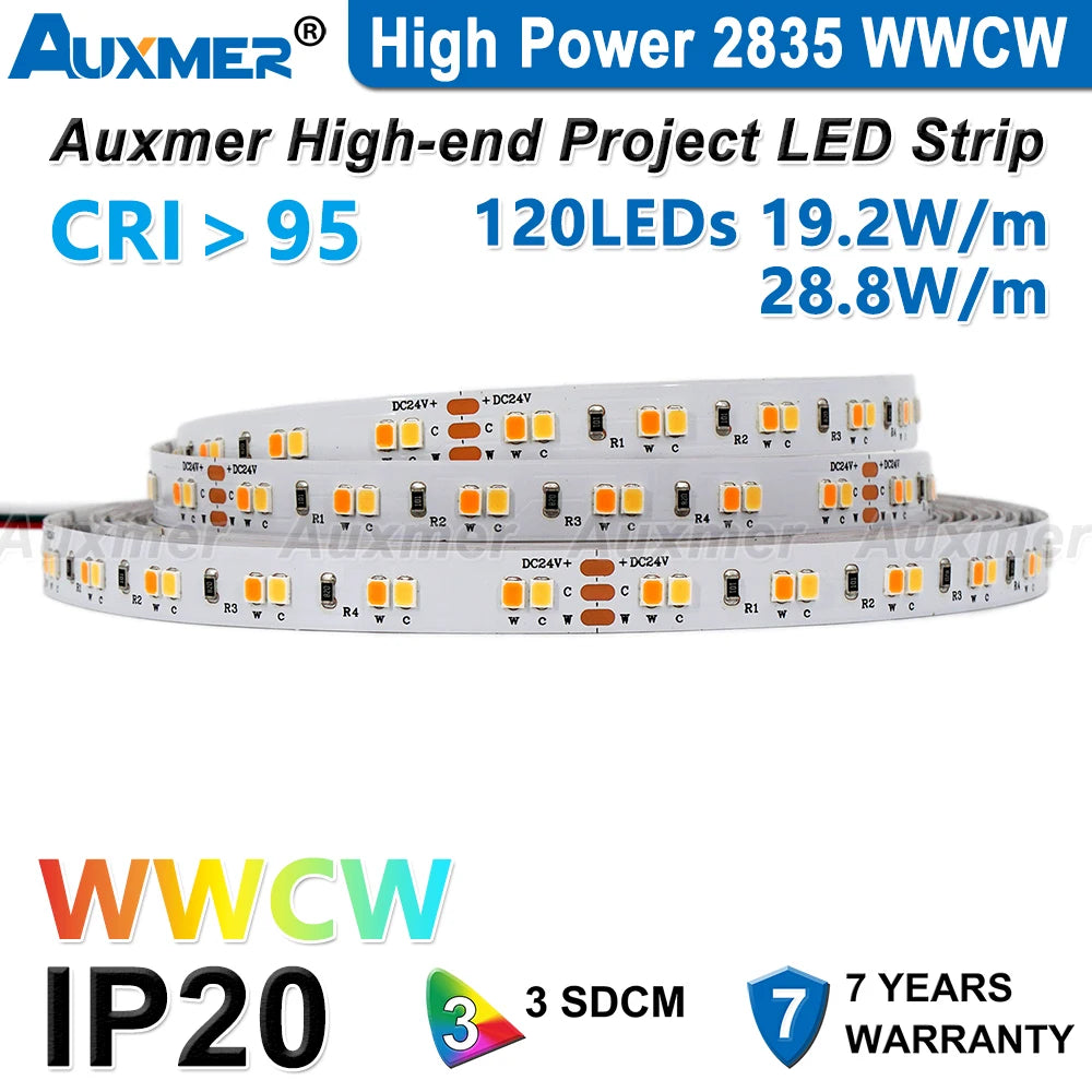 Auxmer 2835 WWCW LED Strip Lights,120LEDs/m 240LEDs/m,CRI＞95 Super Bright Flex LED DC12/24V,5m/reel,CCT 2400~6500K,IP20,3SDCM