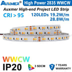 Auxmer 2835 WWCW LED Strip Lights,120LEDs/m 240LEDs/m,CRI＞95 Super Bright Flex LED DC12/24V,5m/reel,CCT 2400~6500K,IP20,3SDCM
