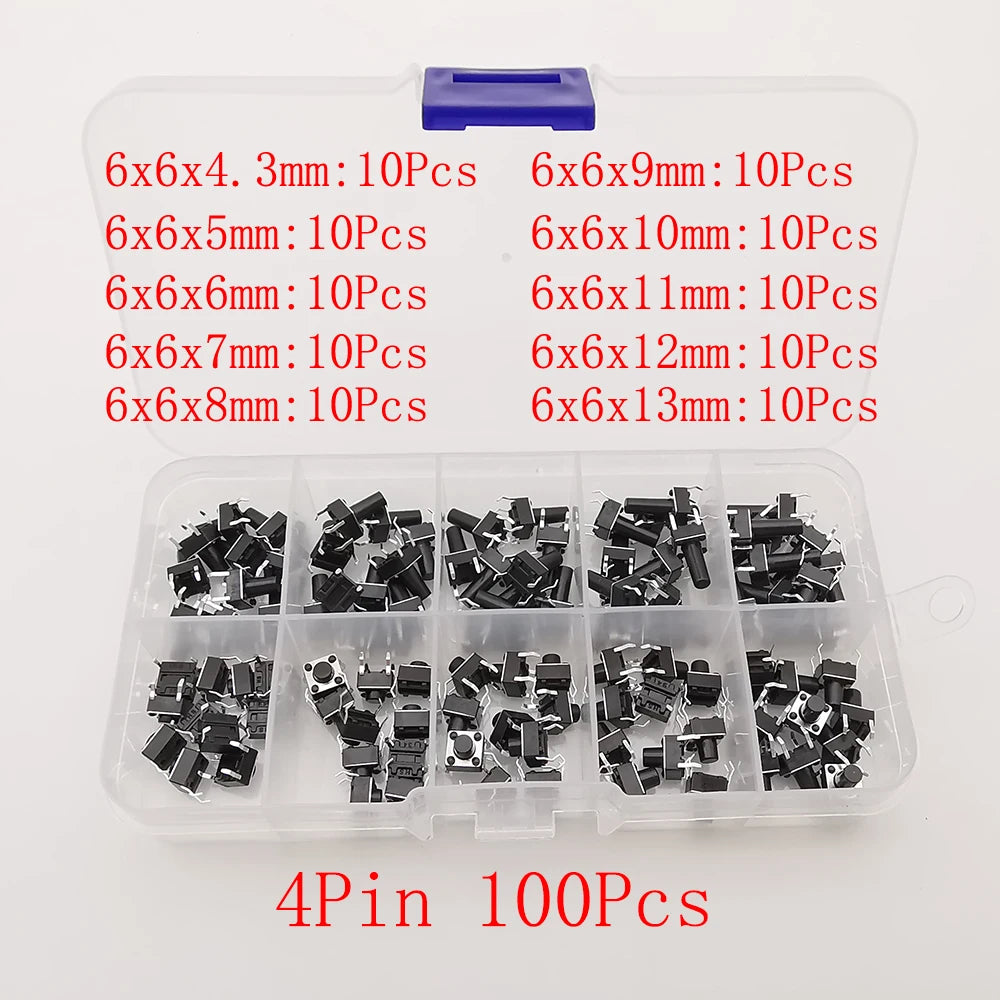 1Box 6x6mm Micro Push Button Tactile Tact Switch Kit 12V 2/4 Pin DIP2 PCB Momentary Switch DIY TV Toy Home Use Button Key Switch