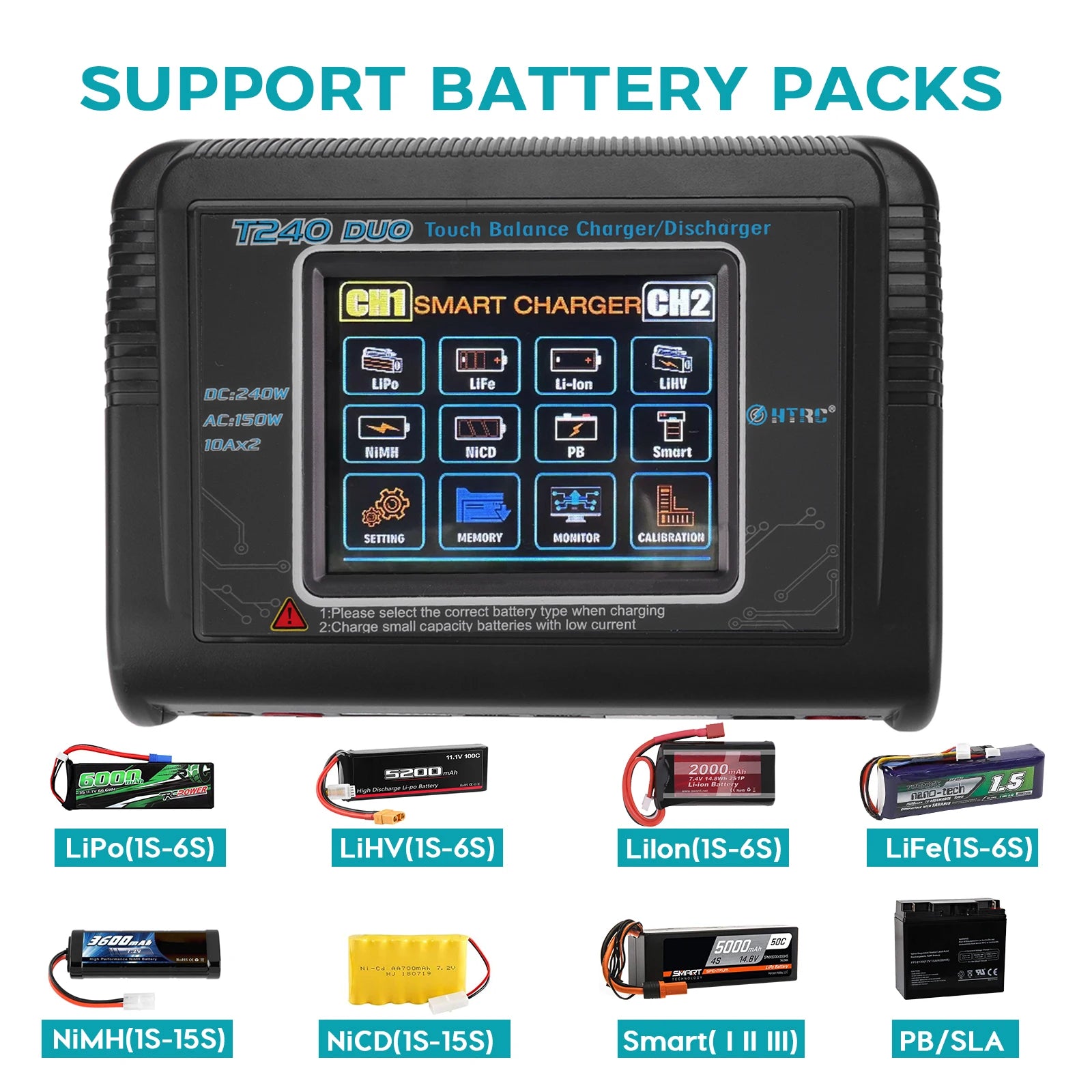 HTRC Lipo Charger T240/L6X2 DUO AC 150W DC 240W 10A Touch Screen Dual Channel Battery Balance Charger Discharger For RC Toy