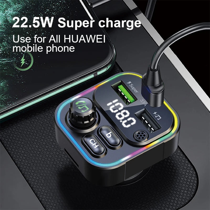 FM Transmitter Bluetooth 5.0 Car Handsfree Audio Mp3 Player Adapter USB 22.5W Quick Charging Type-C Fast Charger FM Modulator