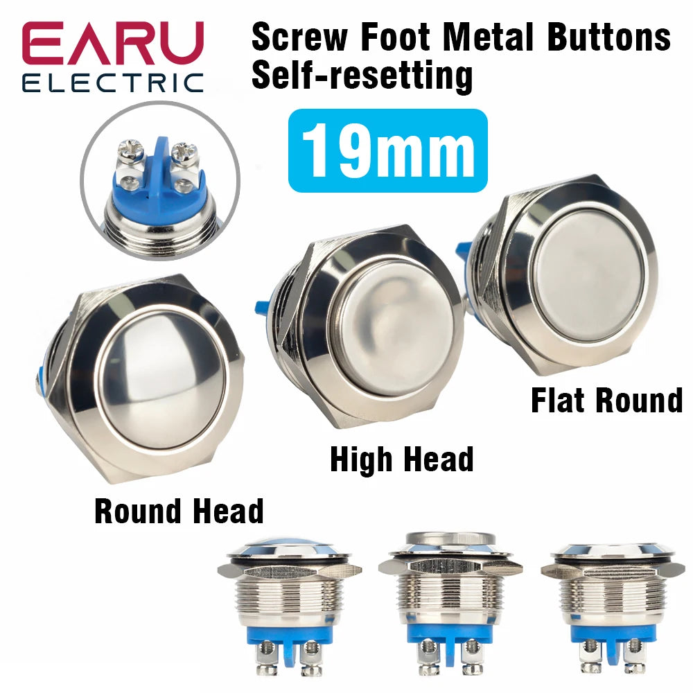 19mm 1NO Momentary High Flat Head Waterproof Reset Metal Push Button Switch Screw Terminal Car Engine Doorbell PC Power Switch