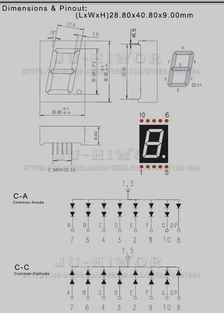 10pcs 1.2 Inch 10Pins 1 Digit Bit 7 Segment Red LED Digital Display Digitron C-C 120101AS C-A 120101BS Common Anode Cathode