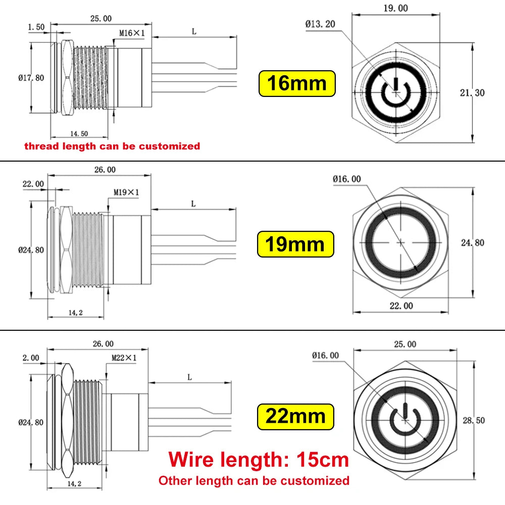 16/19/22mm IP67 Waterproof Metal Push Button Switch 10A High Current LED Light Momentary Latching Outdoor Power Switch Red Green