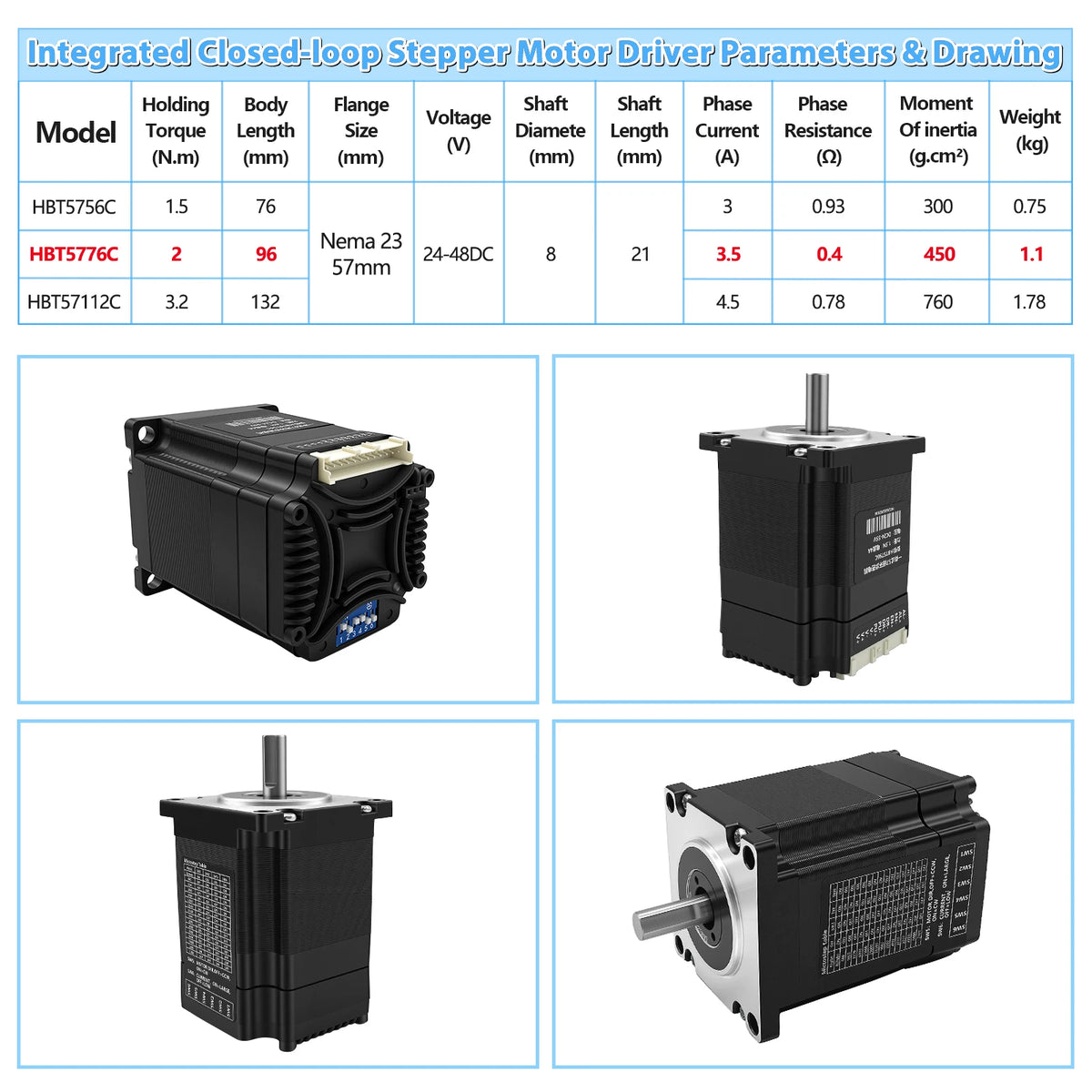 Nema23 57mm Closed Loop Integrated Motor Driver Kit All-in-one 1.5Nm/2Nm/3.2Nm 8mm Hybrid Servo Motor Drive With Encoder For CNC