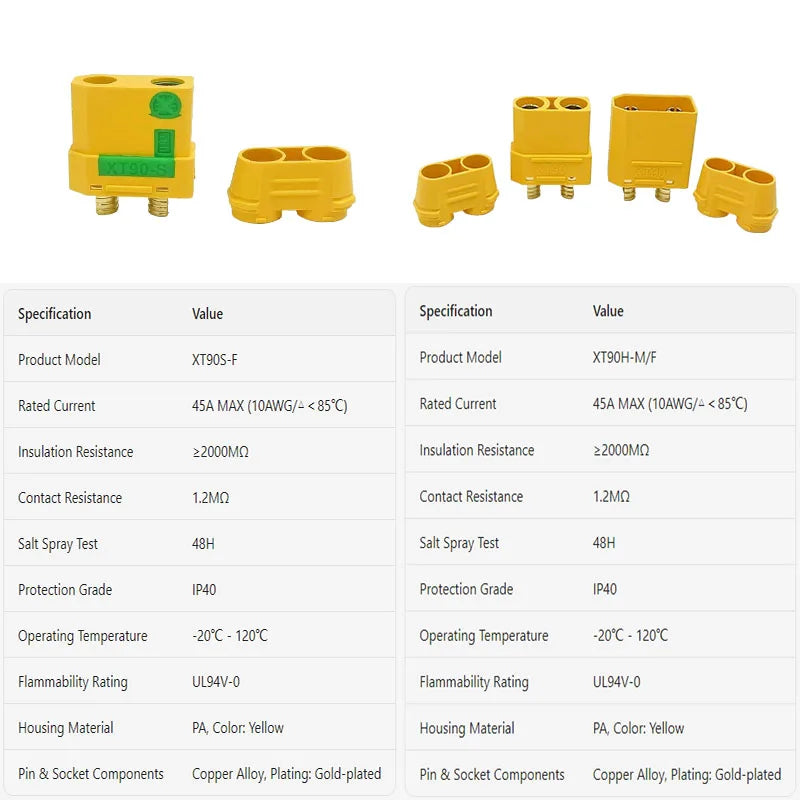 XT90S XT90-M/F Connectors Spark-Resistant Male/Female Connectors for Battery, ESC and Charger Cables