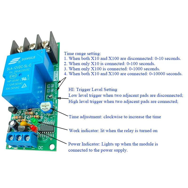 Time Delay Relay Module Triggle Timer Control Switch DC12V 24V High-power 30A  1-10000s Delay Adjustable Turn Off Conduction