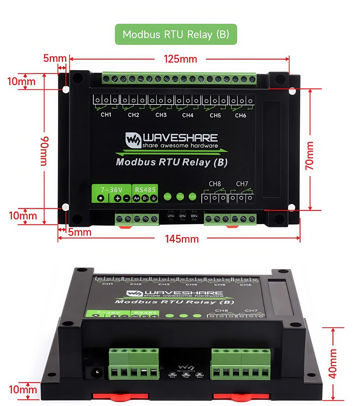 Waveshare Industrial Modbus RTU Relay Module with 8/16/32-channel RS485 interface and isolation