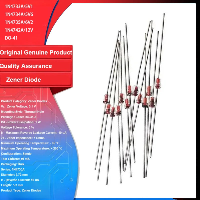 20pcs Original New 1W Through-hole Zener Diode 1N4733A/5V1 1N4734A/5V6 1N4735A/6V2 1N4742A/12V DO-41 Glass Package for Arduino