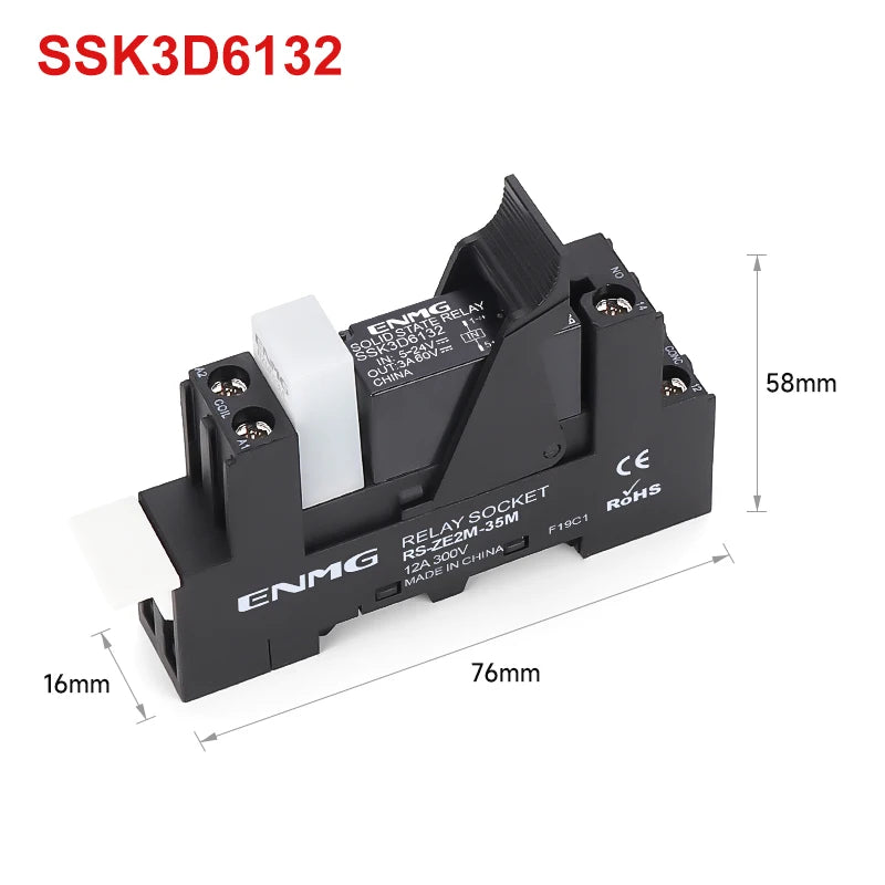 ENMG Small DIN-Rail Solid State Relay 24V 3A 4A 10A DC SSK10D6132 SSR DC to AC 220Vdc with base DC control 5V 24V AC 220V lights