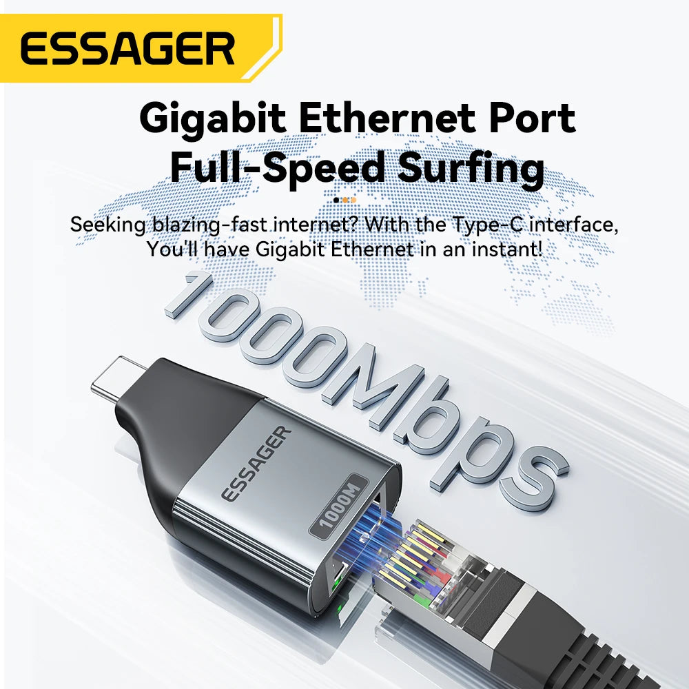 Essager Ethernet Adapter 1000/100Mbps RJ45 To Type C Connector Extender Extension for PC Tablet Laptop Projector Gigabit Adapter