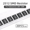 20PCS 2512 SMD Resistor 1% 1R 4R7 10R 22R 47R 100R 220R 330R 470R 1K 1.2K 2.2K 3.3K 4.7K 5.1K 10K 22K 47K 100K 220K 470K 1M Ohm