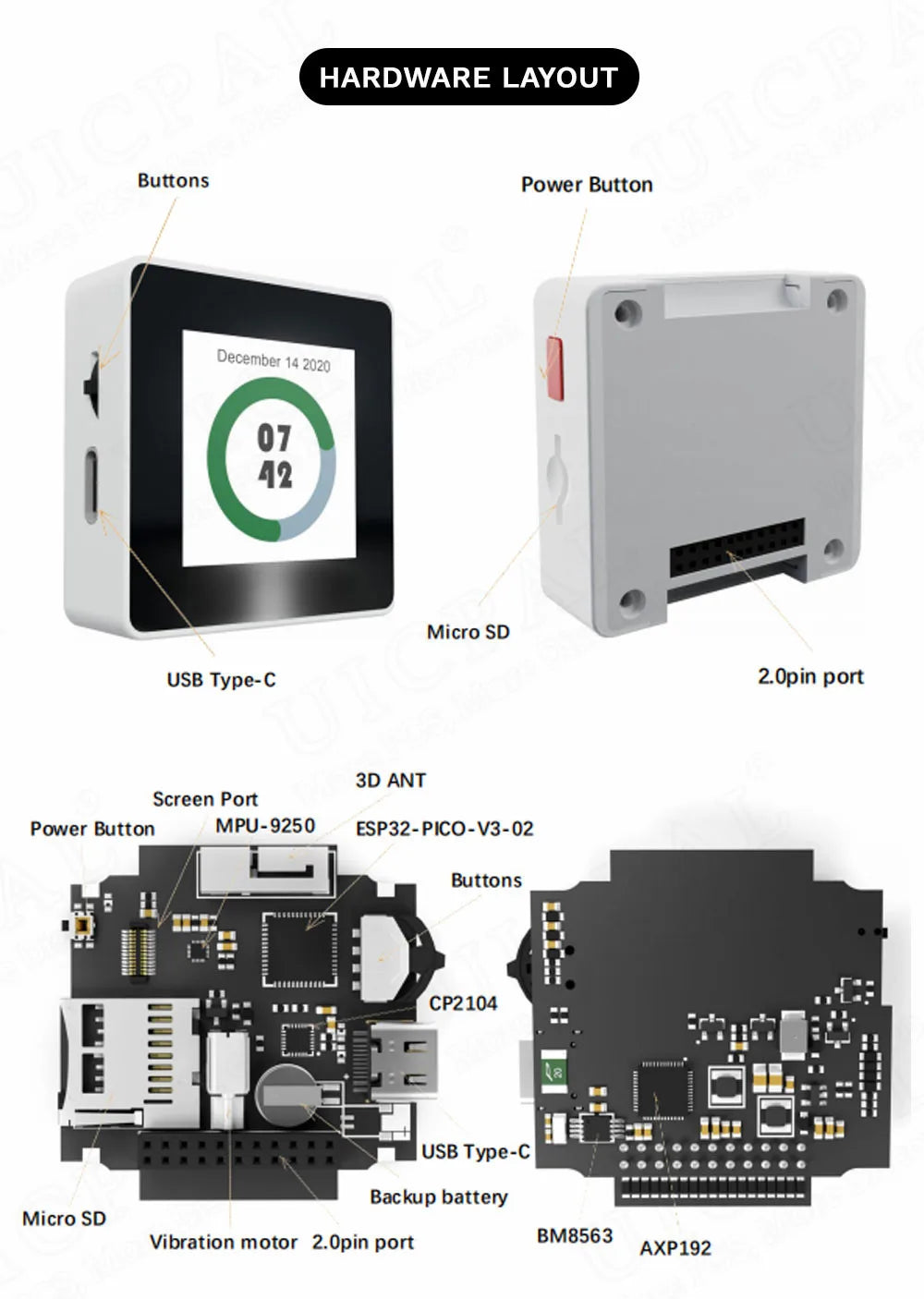 ESP32 Smart Watch BOX Development Board Wifi BT Module ESP32-BOX with 1.54 Inch TFT Screen MPU9250 BM8563 8MB Flash Type-C
