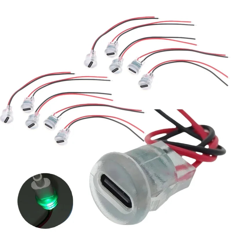 5/10Pcs Transparent 2Pin Waterproof USB-C Female Charging Socket With LED Light Type-C Power Input Connector
