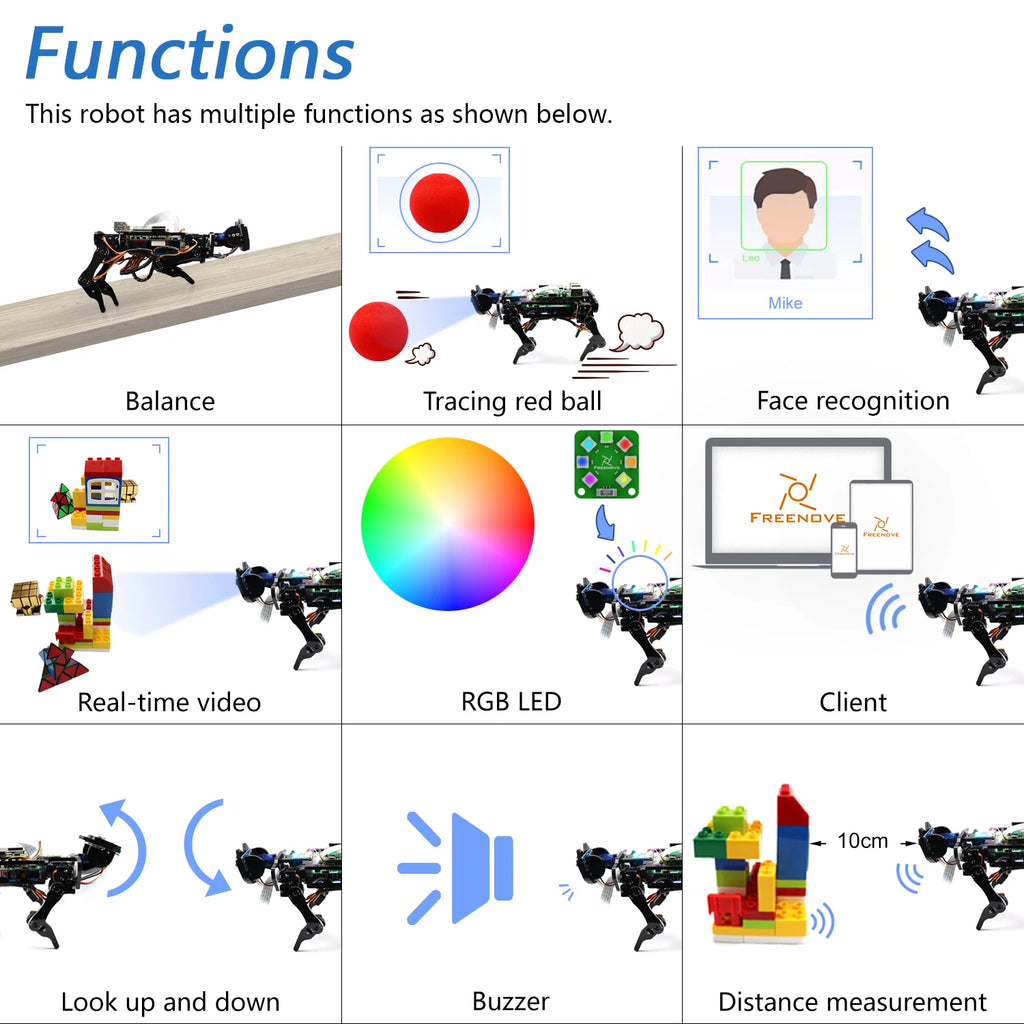 Freenove Robot Dog Kit for Raspberry Pi 5 4 B 3 B+ Zero 2 W, Walking, Self Balancing, Face Recognition, Ball Tracing, Ultrasonic