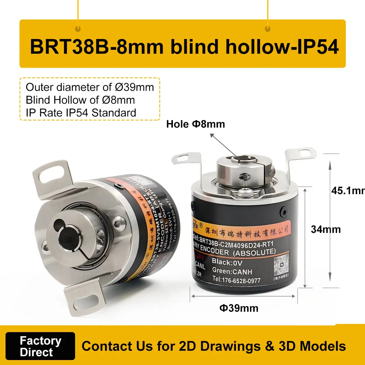 Briterencoder Single-turn Absolute Rotary Encoder SSI/RS485/Analog Output Waterproof, Power-Off Memory for Angle  & Speed