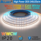 Auxmer 2835 WWCW LED Strip Lights,120LEDs/m 240LEDs/m,CRI＞95 Super Bright Flex LED DC12/24V,5m/reel,CCT 2400~6500K,IP20,3SDCM