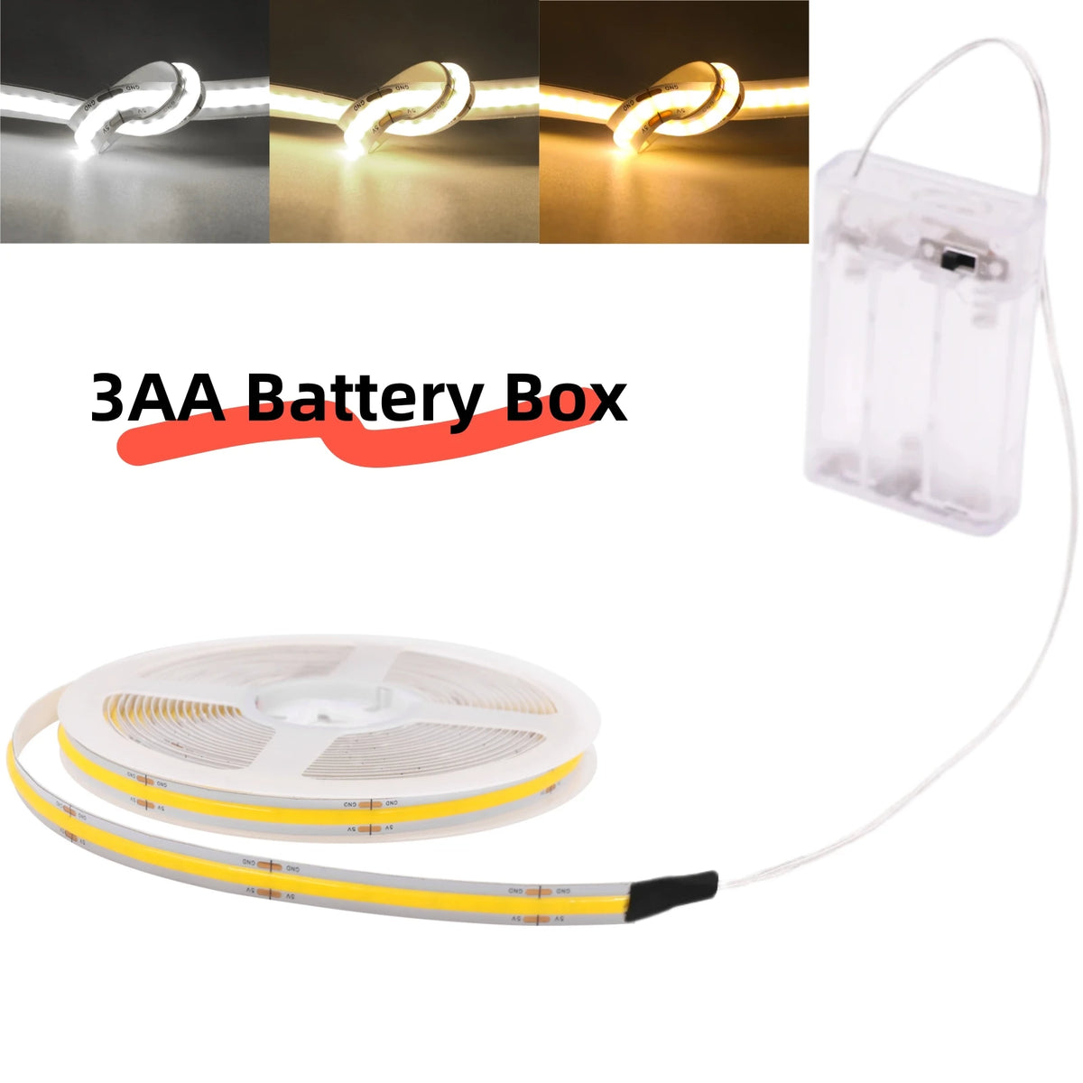 3AA Battery Box COB LED Strip 5V 8MM 320LEDs/m Warm Natural White Flexible Battery Tape COB Strip for Bedroom TV Backlight