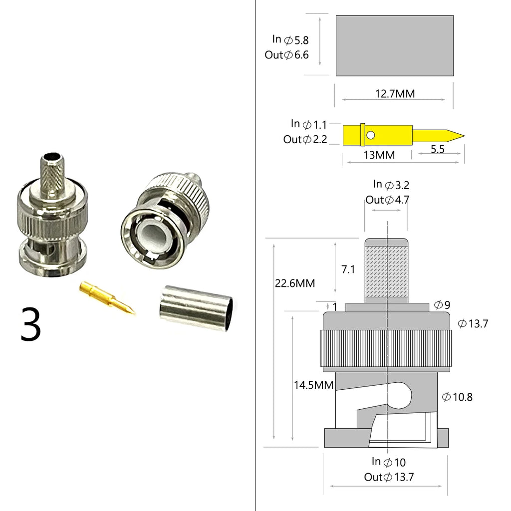 1-4PC BNC Male Female Plug Jack RF Coax Connector Crimp for RG316 RG174 RG58 RG142 Cable Copper Nickelplated With Drawing NEW