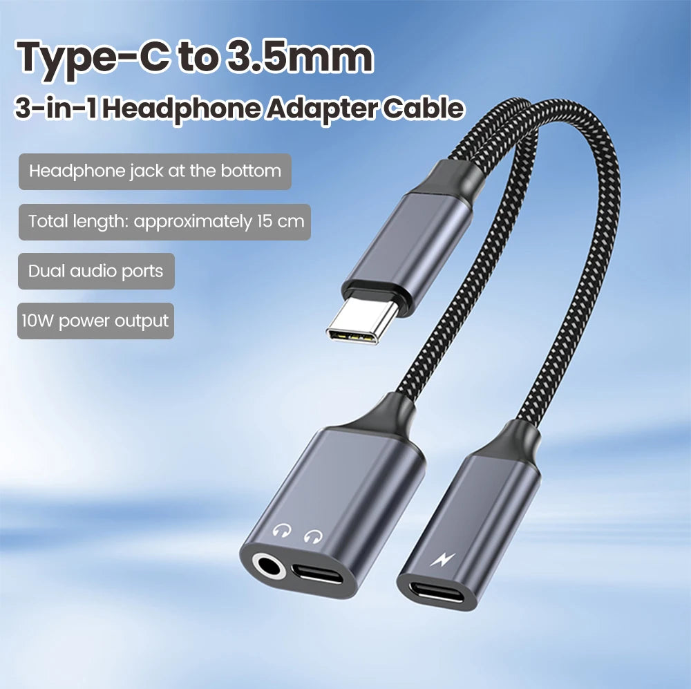 3 in 1 USB C Adapters Type-C to 3.5mm/Type-C Headphones+ Type-C Charging Connector For iPhone 15-17 Xiaomi Huawei Samsung Phones